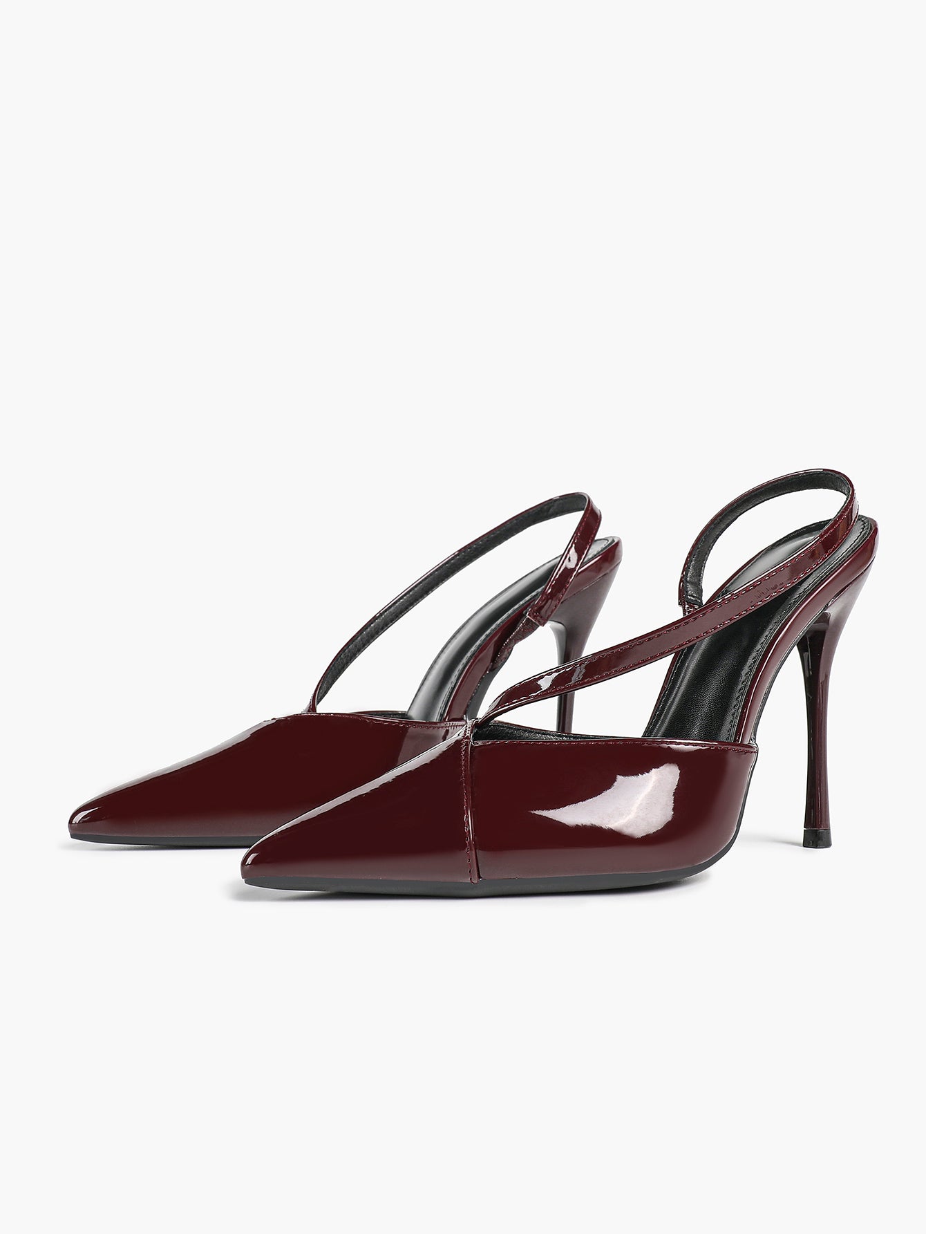 Pointed Toe Slingback Heels Patent Leather Burgundy Fashion Crisscross Detail