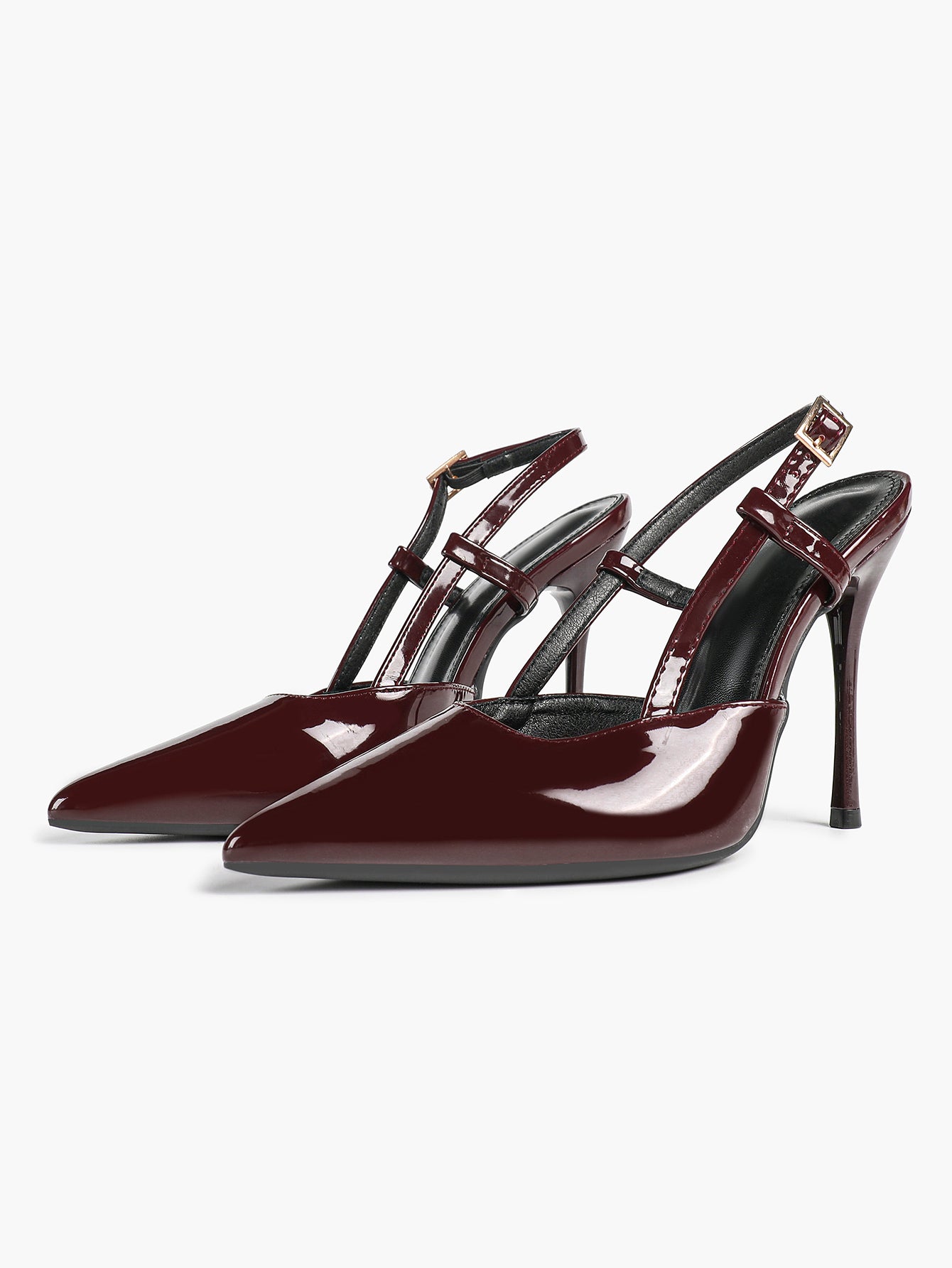 Women's Burgundy Patent Leather Pointed Toe Multi-Strap Slingback High Heel Pumps
