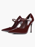Mary Jane Heeled Pumps Pointed Toe Stiletto Shoes with Gold Buckle Wedding Party Office