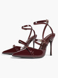 Women's Patent Leather Multi-Strap Heeled Pumps Pointed Toe Stiletto Shoes Office Evening Party