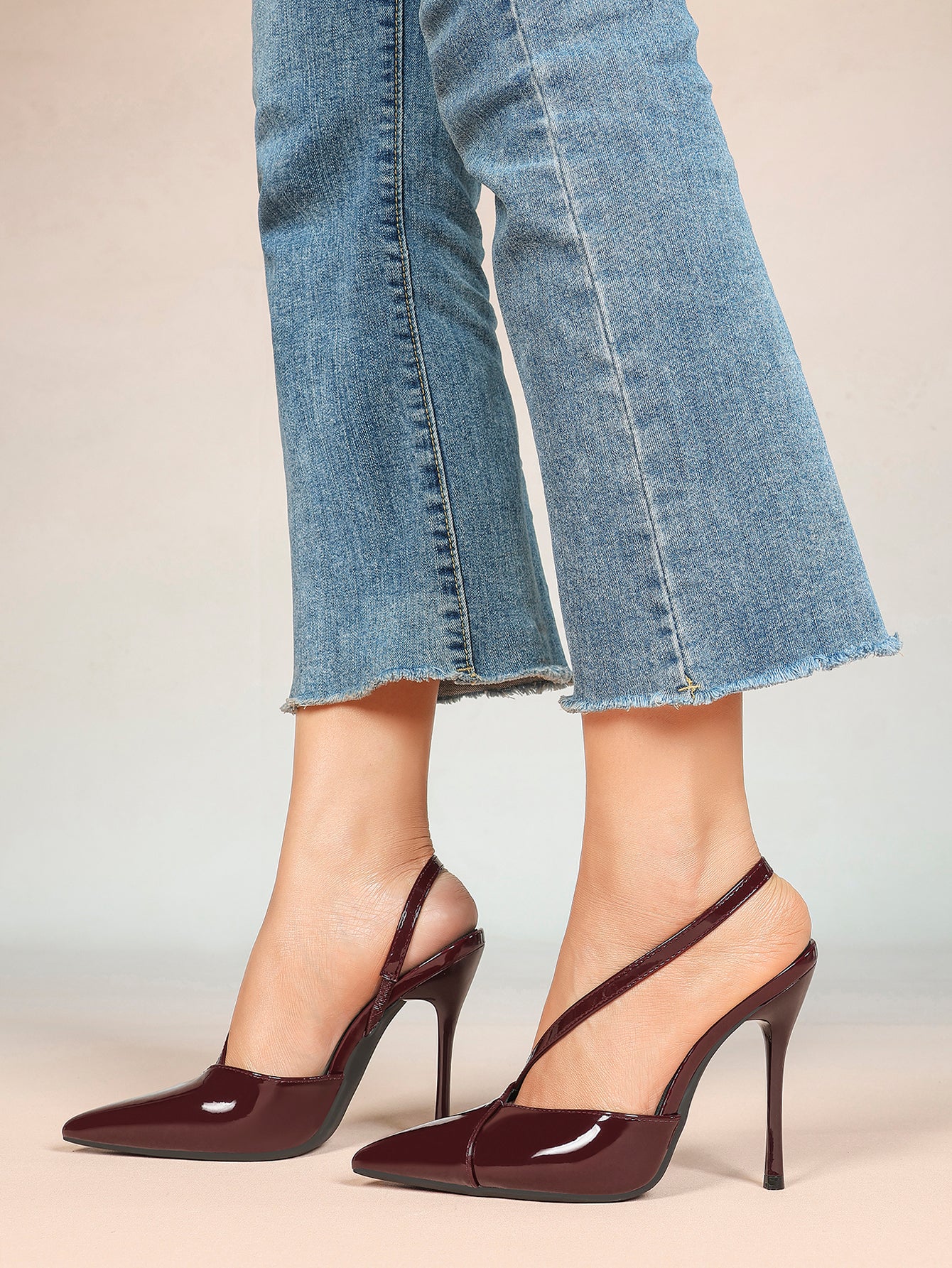 Pointed Toe Slingback Heels Patent Leather Burgundy Fashion Crisscross Detail