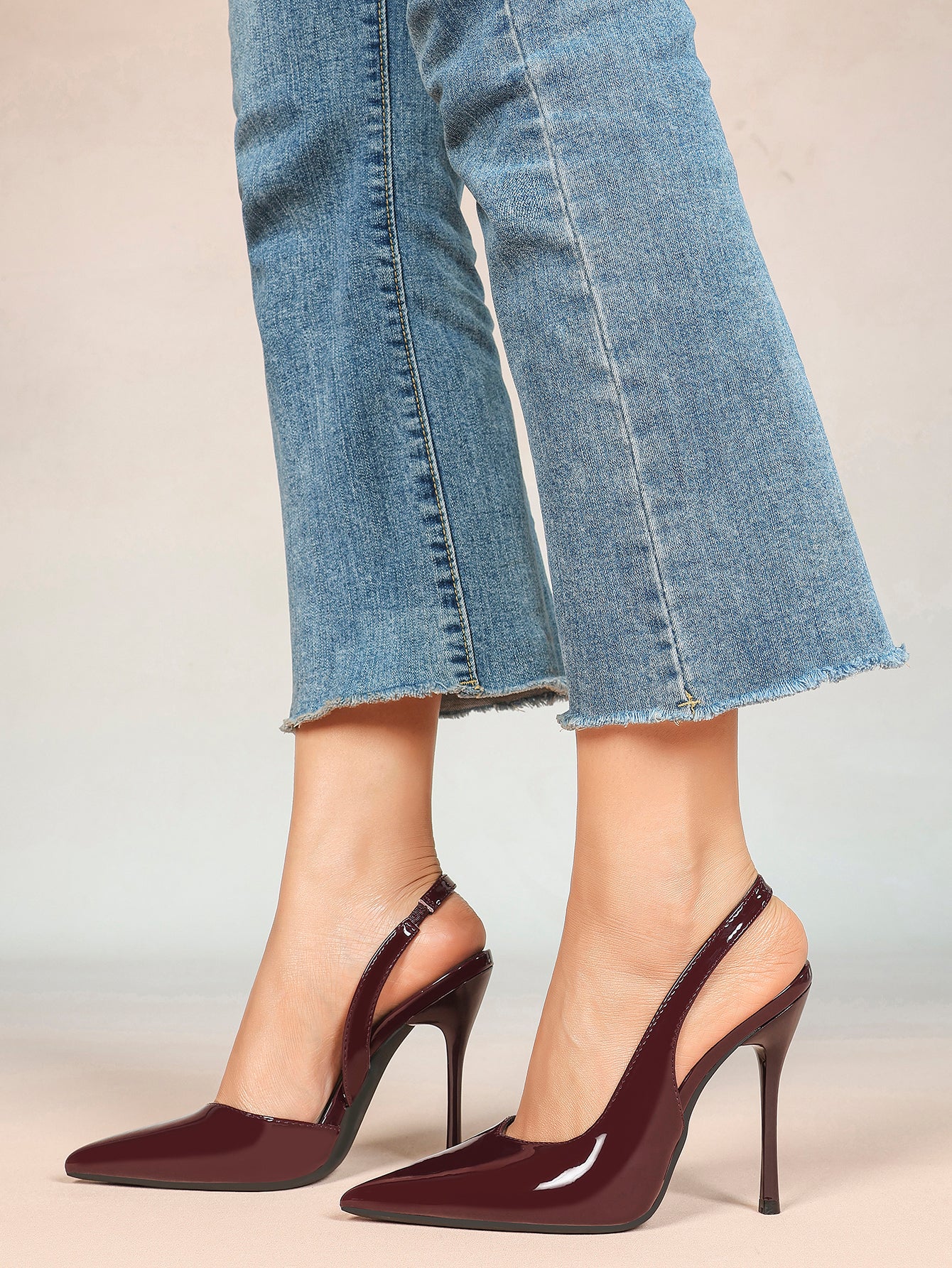 Burgundy Patent Leather Slingback Heels Pumps Minimalist Pointed Toe Stilettos Evening