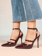 Women's Patent Leather Multi-Strap Heeled Pumps Pointed Toe Stiletto Shoes Office Evening Party