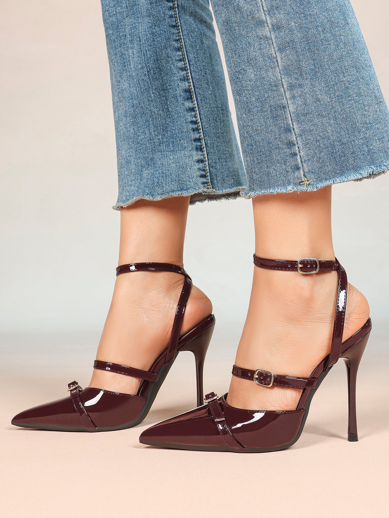Women's Patent Leather Multi-Strap Heeled Pumps Pointed Toe Stiletto Shoes Office Evening Party