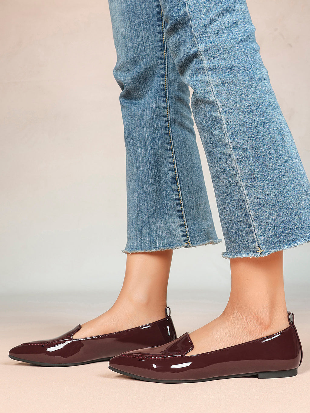 Women's Burgundy Patent Leather Loafers Pointed Toe Slip On Flats Office Dailywear