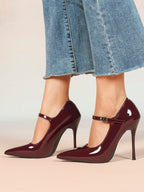 Mary Jane Heeled Pumps Pointed Toe Stiletto Shoes with Gold Buckle Wedding Party Office