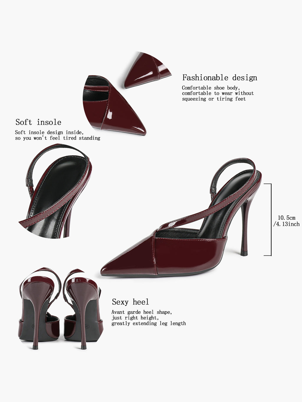 Pointed Toe Slingback Heels Patent Leather Burgundy Fashion Crisscross Detail