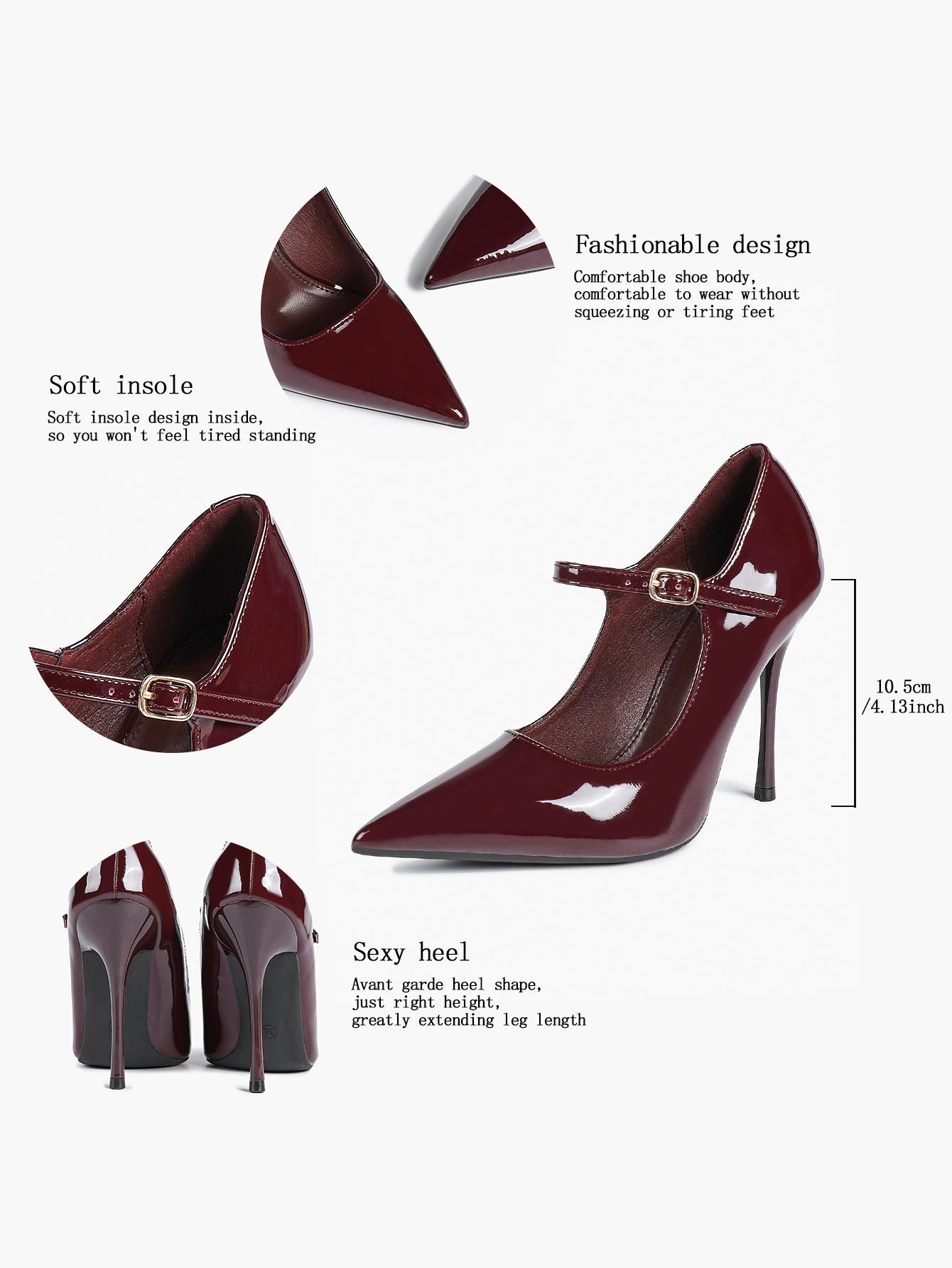 Mary Jane Heeled Pumps Pointed Toe Stiletto Shoes with Gold Buckle Wedding Party Office