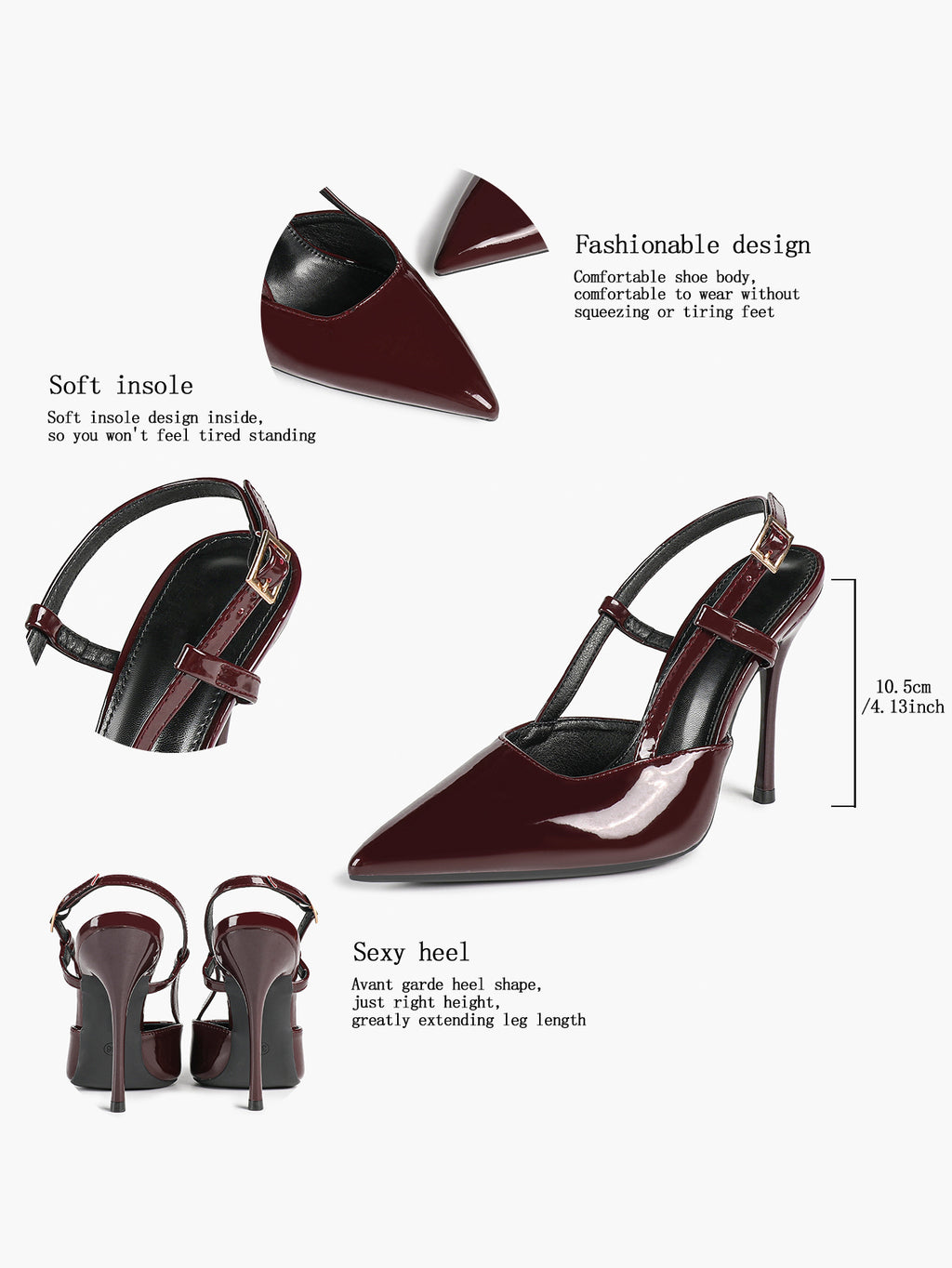 Women's Burgundy Patent Leather Pointed Toe Multi-Strap Slingback High Heel Pumps