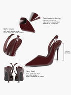 Burgundy Patent Leather Slingback Heels Pumps Minimalist Pointed Toe Stilettos Evening