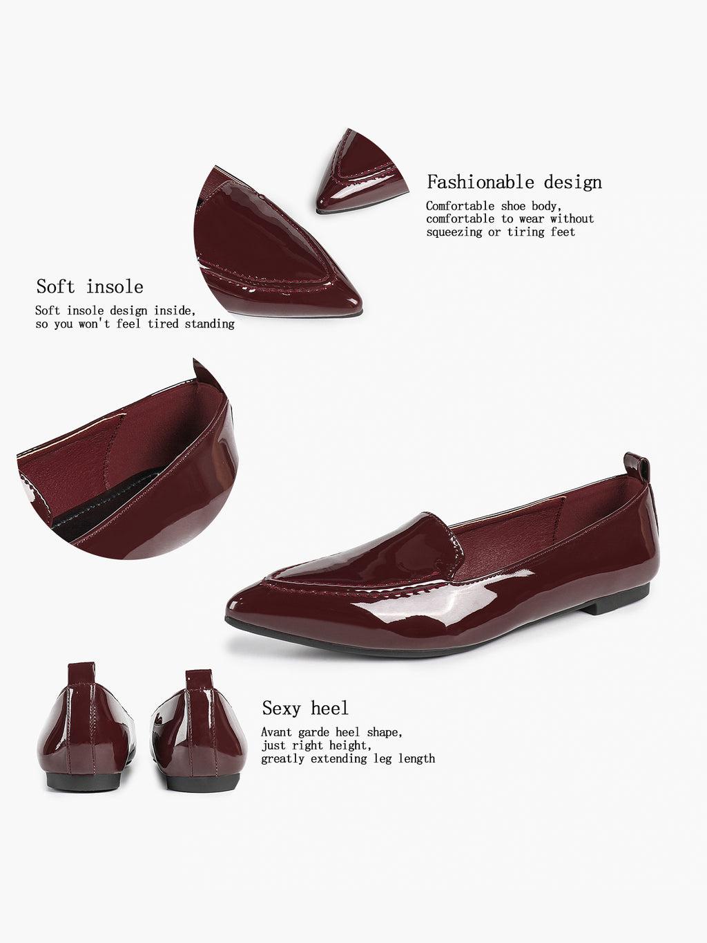 Women's Burgundy Patent Leather Loafers Pointed Toe Slip On Flats Office Dailywear