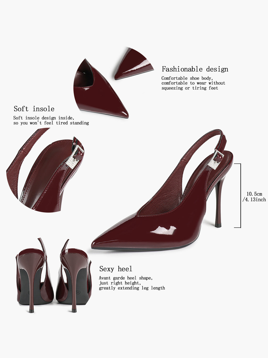 Patent Leather Rhinestone Buckle Slingback Heels Elegant Stilettos Date Cocktail Party
