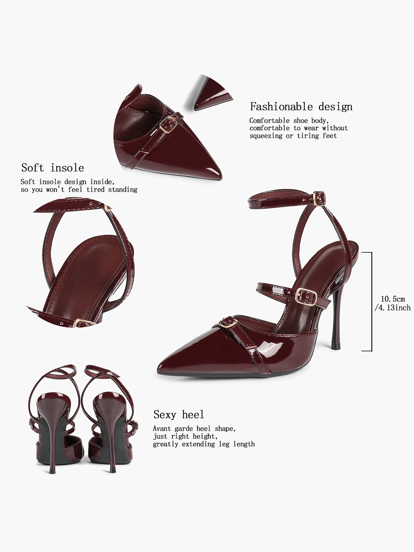 Women's Patent Leather Multi-Strap Heeled Pumps Pointed Toe Stiletto Shoes Office Evening Party