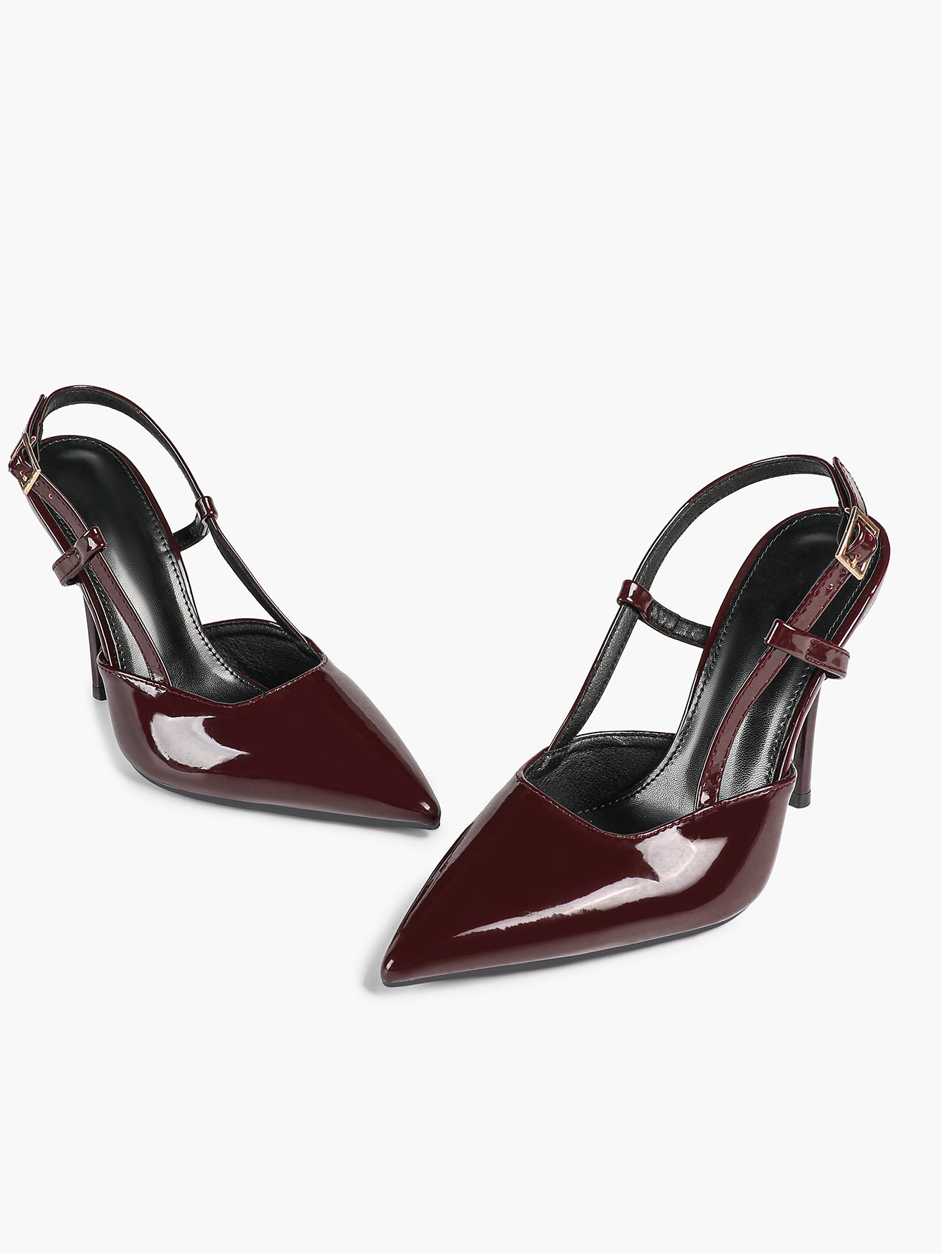 Women's Burgundy Patent Leather Pointed Toe Multi-Strap Slingback High Heel Pumps