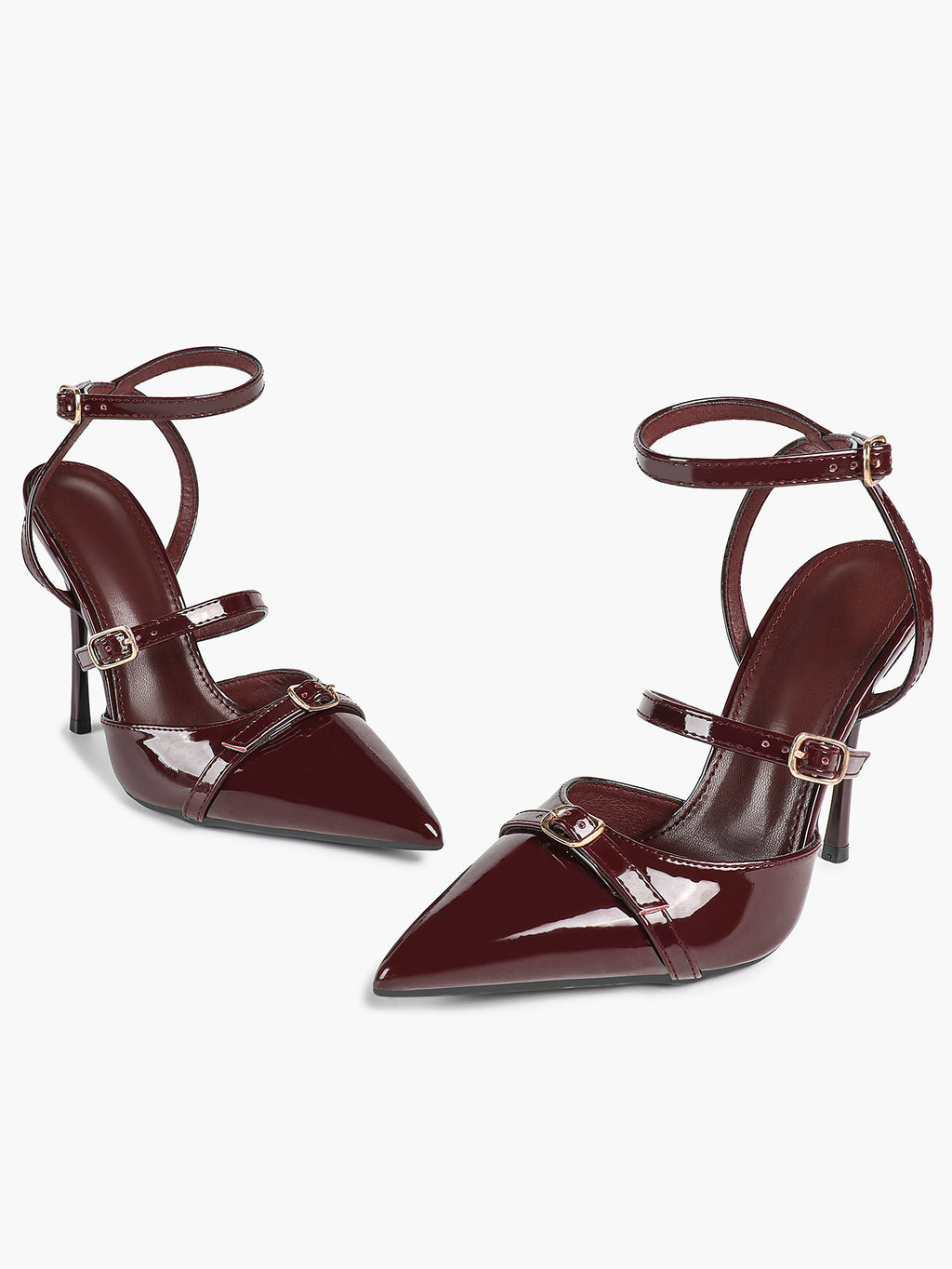 Women's Patent Leather Multi-Strap Heeled Pumps Pointed Toe Stiletto Shoes Office Evening Party