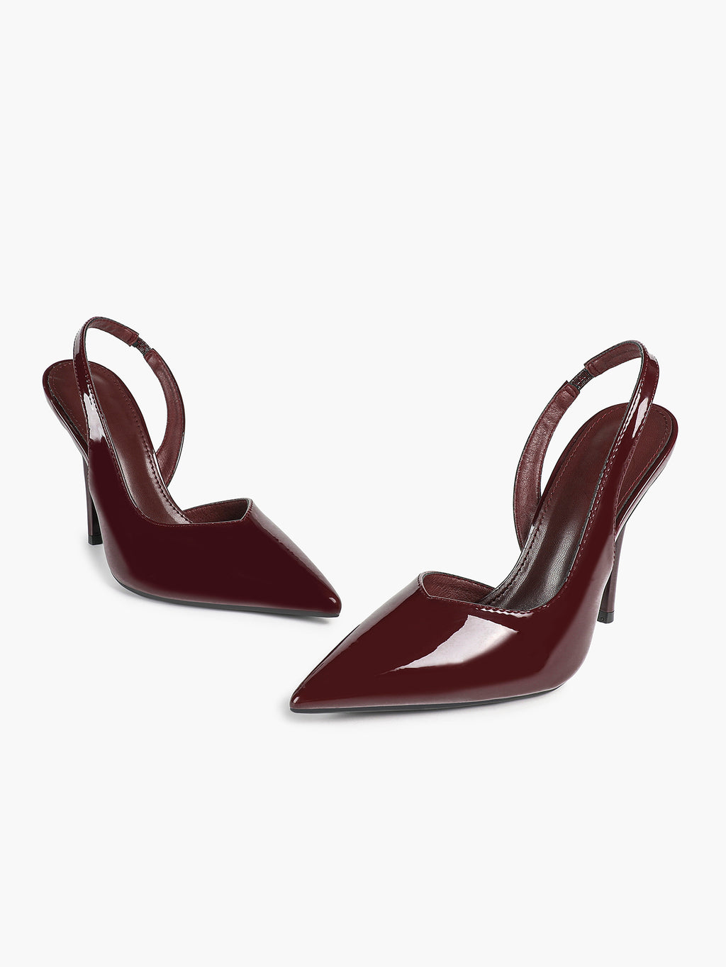 Burgundy Patent Leather Slingback Heels Pumps Minimalist Pointed Toe Stilettos Evening