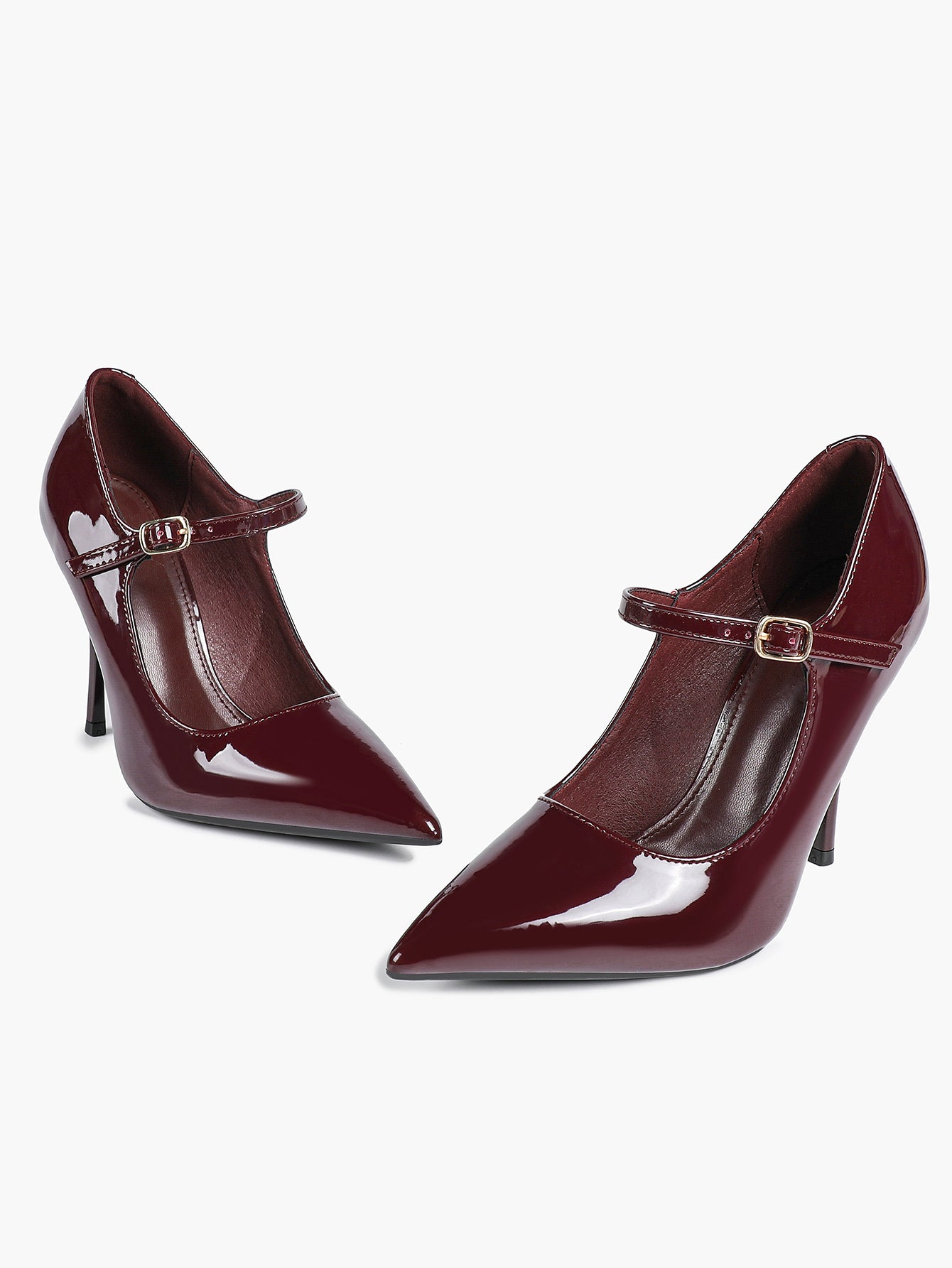 Mary Jane Heeled Pumps Pointed Toe Stiletto Shoes with Gold Buckle Wedding Party Office