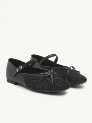 elegant black lace ballet flats with strap & bow detail