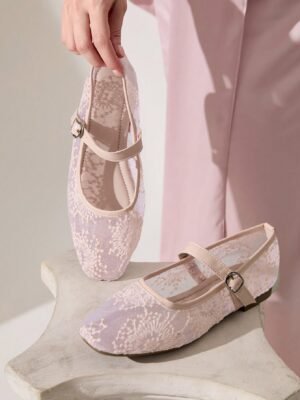 women's pink lace mary jane flats – elegant floral embroidery vintage shoes