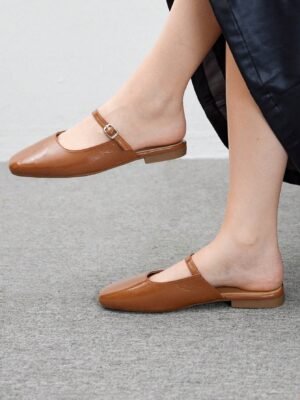 women's brown leather mary jane mules – classic strap low heel slip on shoes
