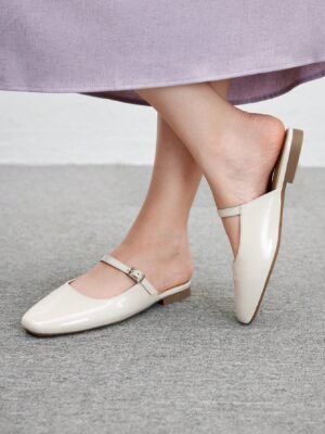 women's cream leather mary jane mules – classic strap low heel slip on shoes