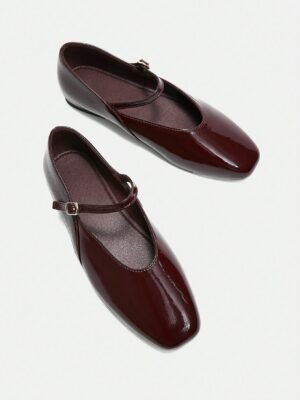women's burgundy patent leather mary jane flats classic square toe buckle
