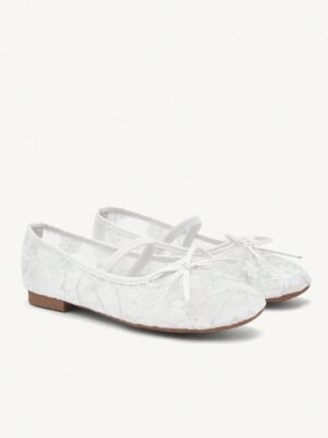 white lace ballet flats with bow & strap